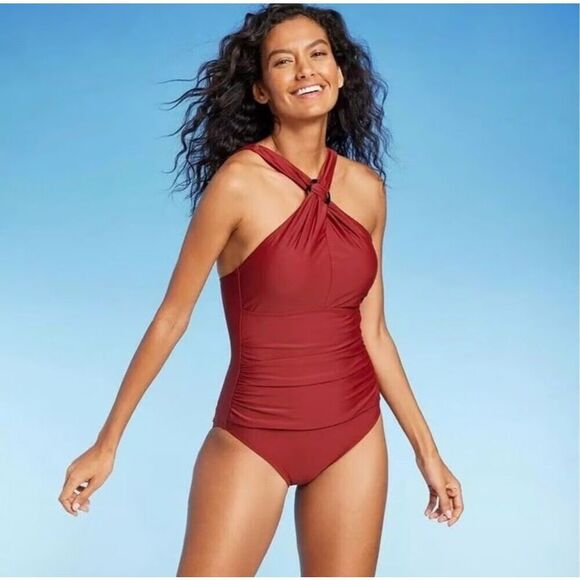 Red Ring Front Crossover Kona Sol One Piece Swimsuit Size Small New - Picture 1 of 4